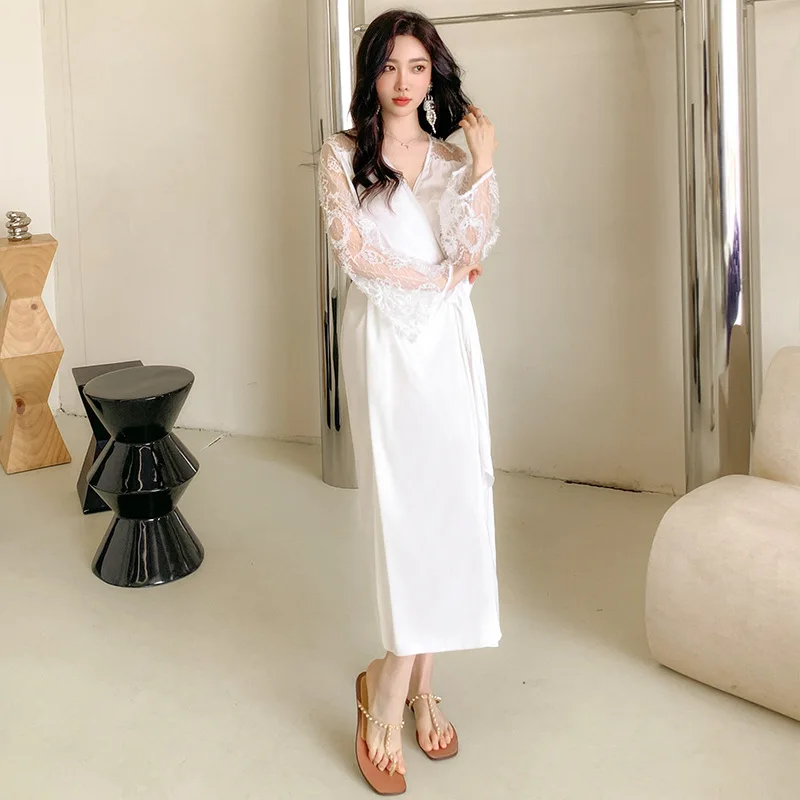 Pajamas Women's Summer Cool Ice Silk Pajamas Palace Style Lace Long Xianqi Morning Robe Home Fury