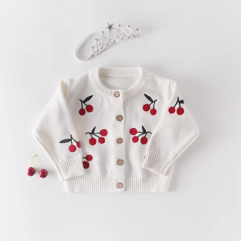 

2022 Baby Girl Clothes Coat Girl Cotton Soft Cherry Embroidery Knitwear Newborn Sweater Girls Top Knitting Shirt 0-24M Sweety