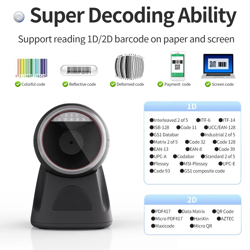 Фото GTCODESTAR GT-8801D Всенаправленная платформа изображений USB Qr-считыватель проводной настольный 1D 2D сканер штрих-кода Считыватель штрих-кода №4