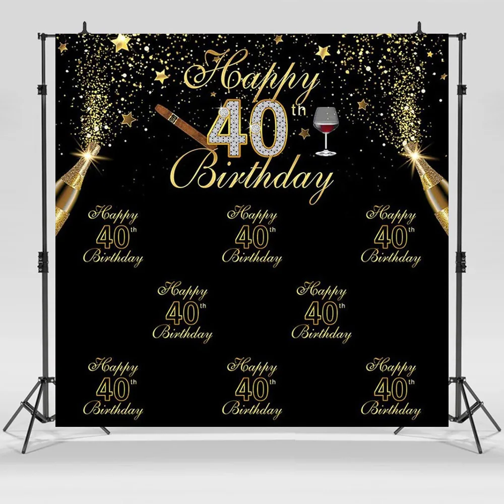 

Black Gold Happy 40th Birthday Party Banner Backdrop Champagne Cigar Photo Booth Photography Background for Men 8x8ft 10x10ft