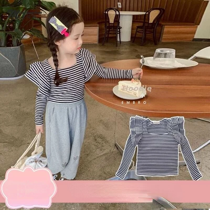 

Новинка Весна 2023, рубашка для девочек с квадратным вырезом, Корейская полосатая футболка с длинным рукавом, детская одежда, осенняя одежда д...