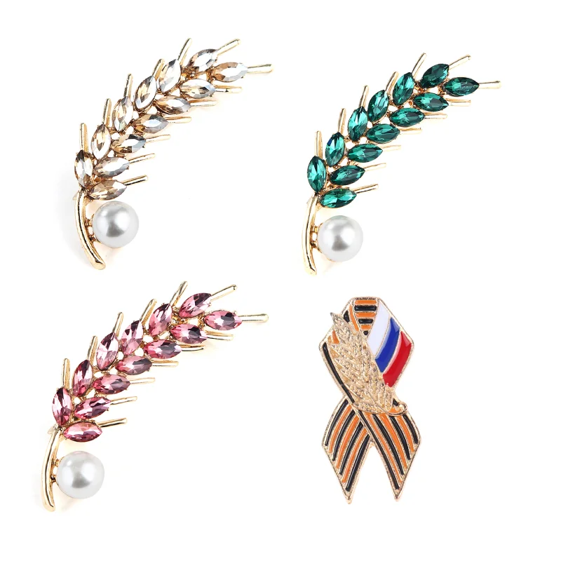 St.George Ribbon Emblem For 75 Years Of Victory In The Great Patriotic War Rhinestone Crystal Pearl Wheat Corsage Brooch Pin |