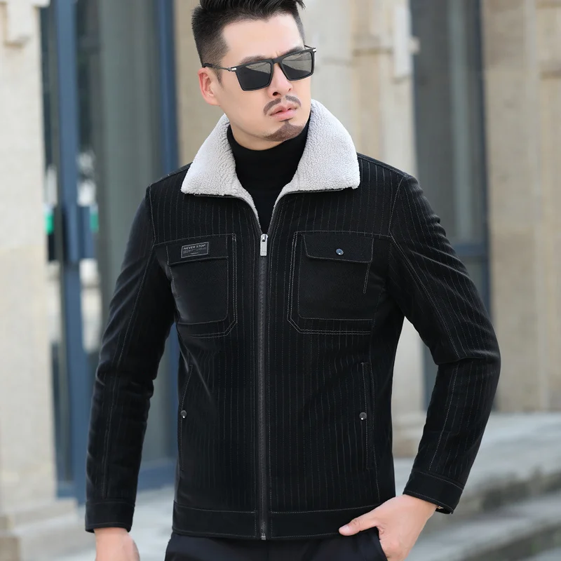 

YXL-183 Winter Men's Middle-aged Youth Leather Striped Jacket Black Fashion Slim Natural Sheepskin White Duck Down