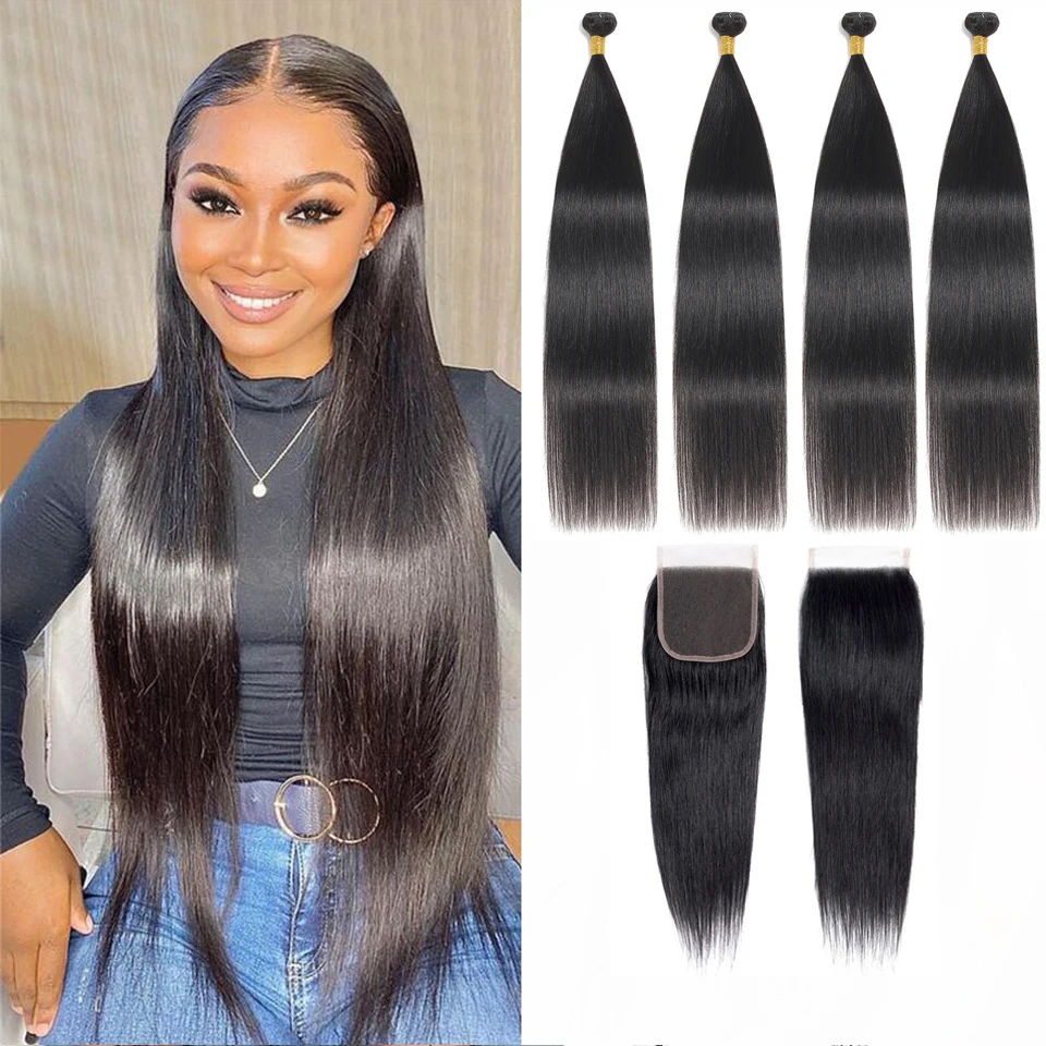 Straight Human Hair Bundles With Closures Mongolian Remy Hair Bundles with 4x4 Lace Closure 3 Bundles With Closure