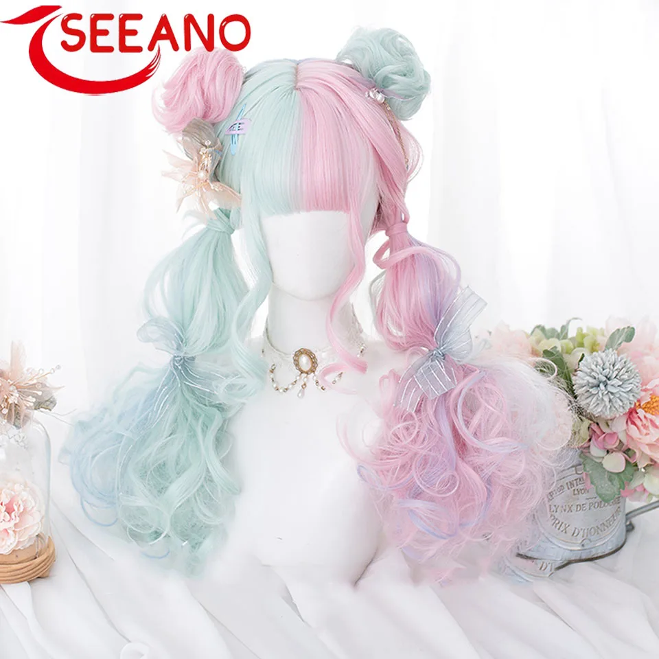 SEEANO Synthetic Cosplay Wig Long Curly Hair Wig Wave Pink Purple Wig Female High Temperature Resistant Fiber Wig Cosplay Lolita