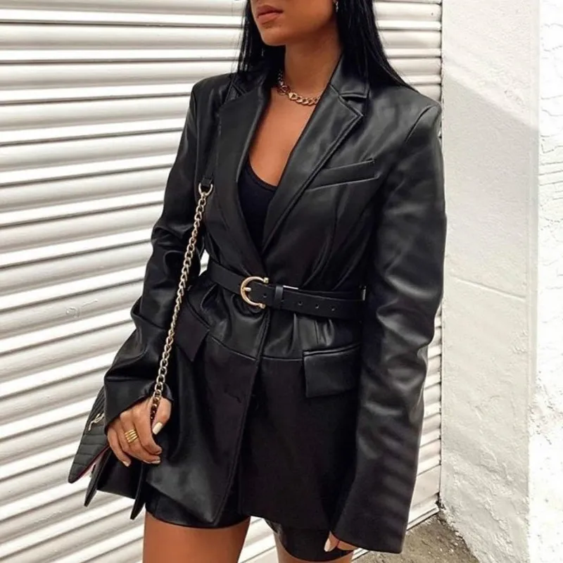 

Лидер продаж, женская модная кожаная куртка, черная новая куртка с накладным карманом и воротником-костюмом, весенние повседневные свободн...