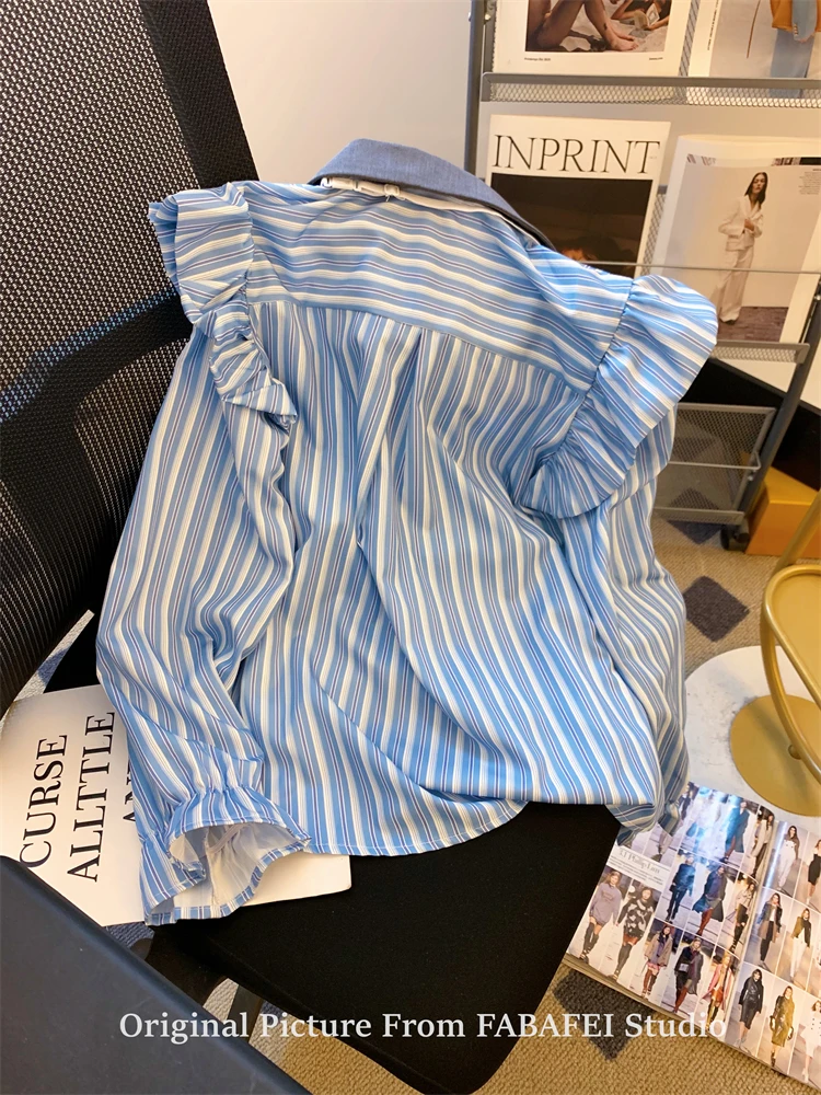 Осенние женские корейские модные милые полосатые рубашки блузки с длинными