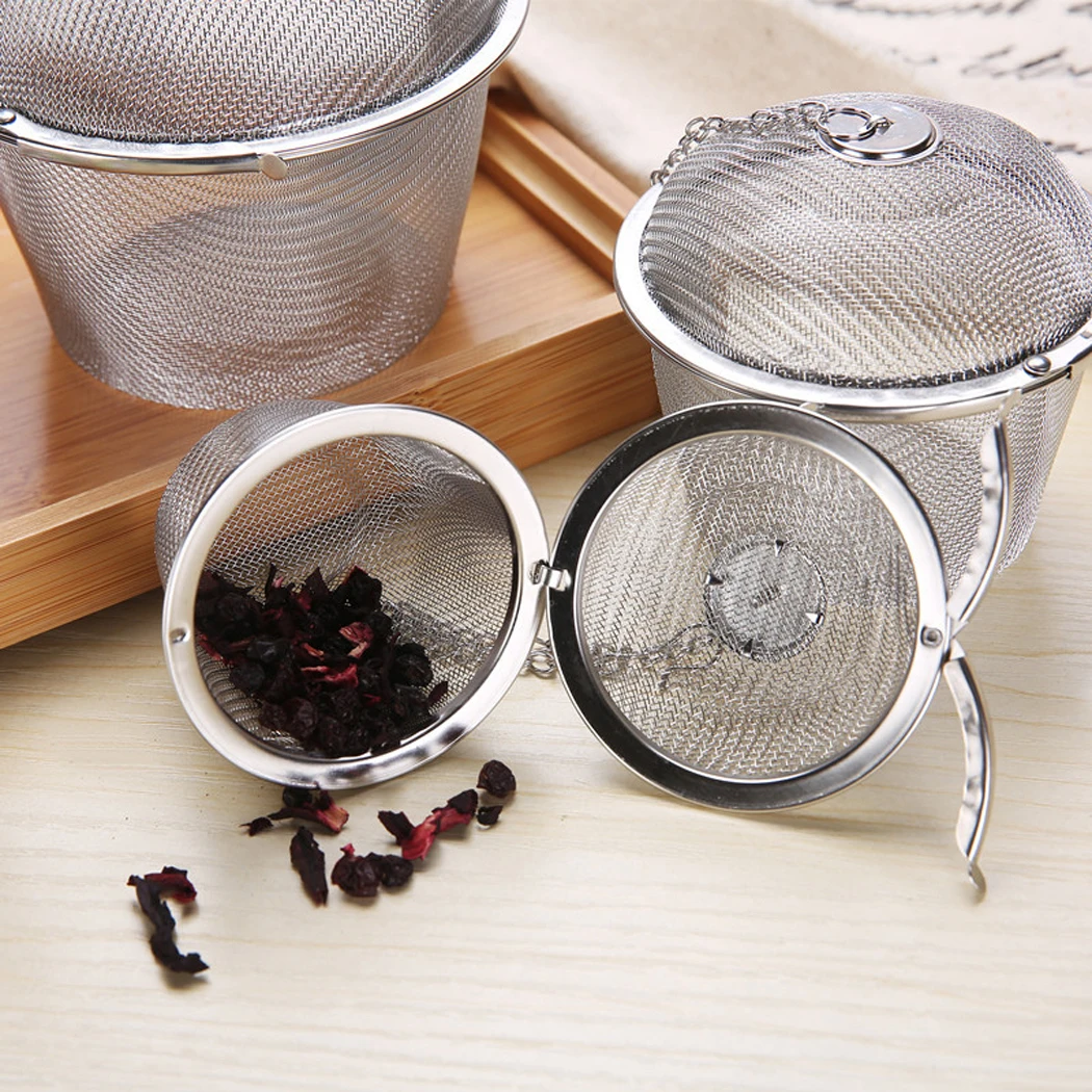 

Нержавеющий травяной шар, чай, прочный, серебряный, многоразовый, сетчатый чайник, запорный фильтр для чая, для кухни, 5 размеров