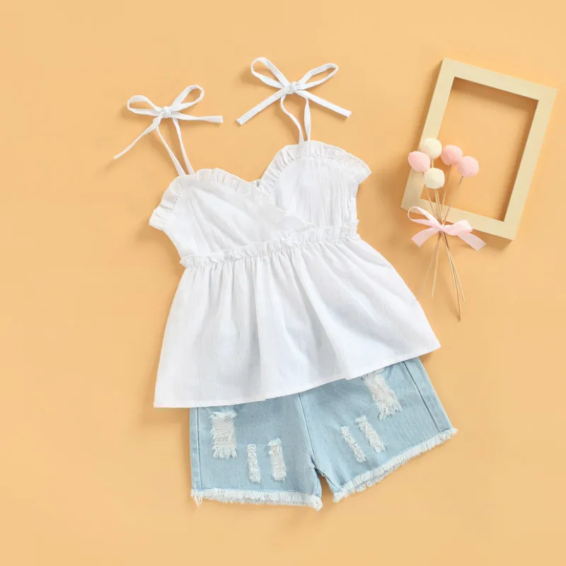 

Комплект летних брюк для маленьких девочек, однотонные брюки с завязками и оборками, потертые рваные короткие джинсовые брюки, 2 шт.