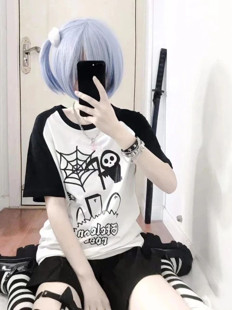 

Japanese Contrast Color T Shirts Skull Spider Print Female Slim All Match Y2k Clothes Streetwear Punk Gothic Harajuku Crop Tops