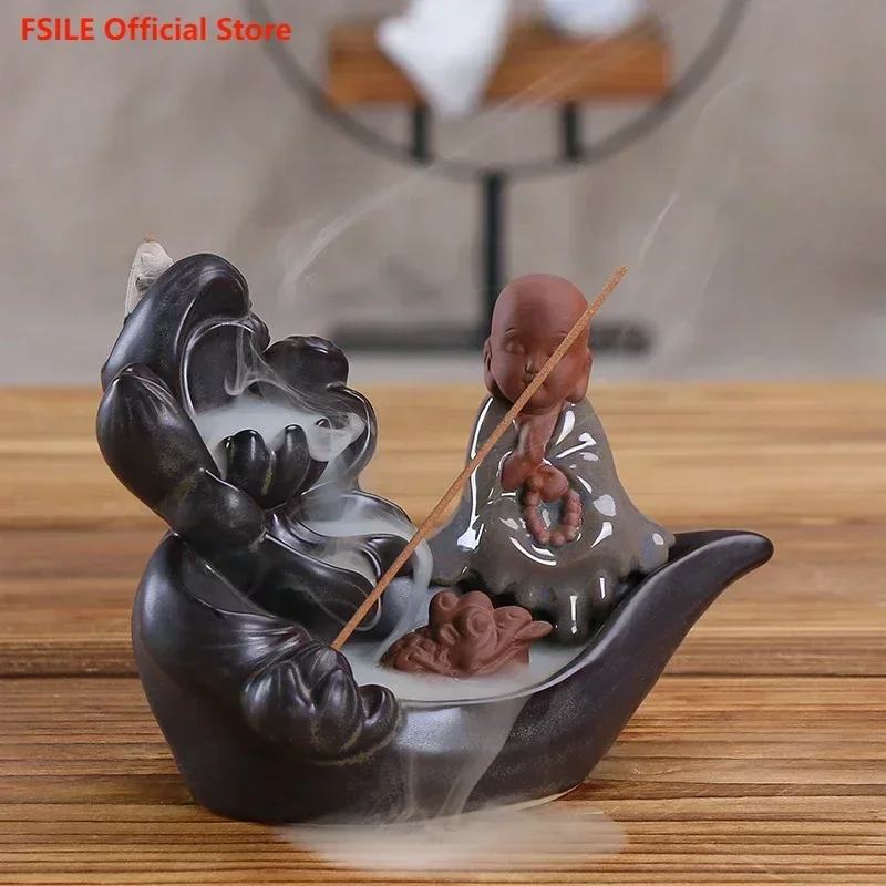 

FSILE Ceramic Inverted Incense Burner Antique Lotus Pond Moonlight Such As To Come Guanyin Aromatherapy Burner Home Ornaments