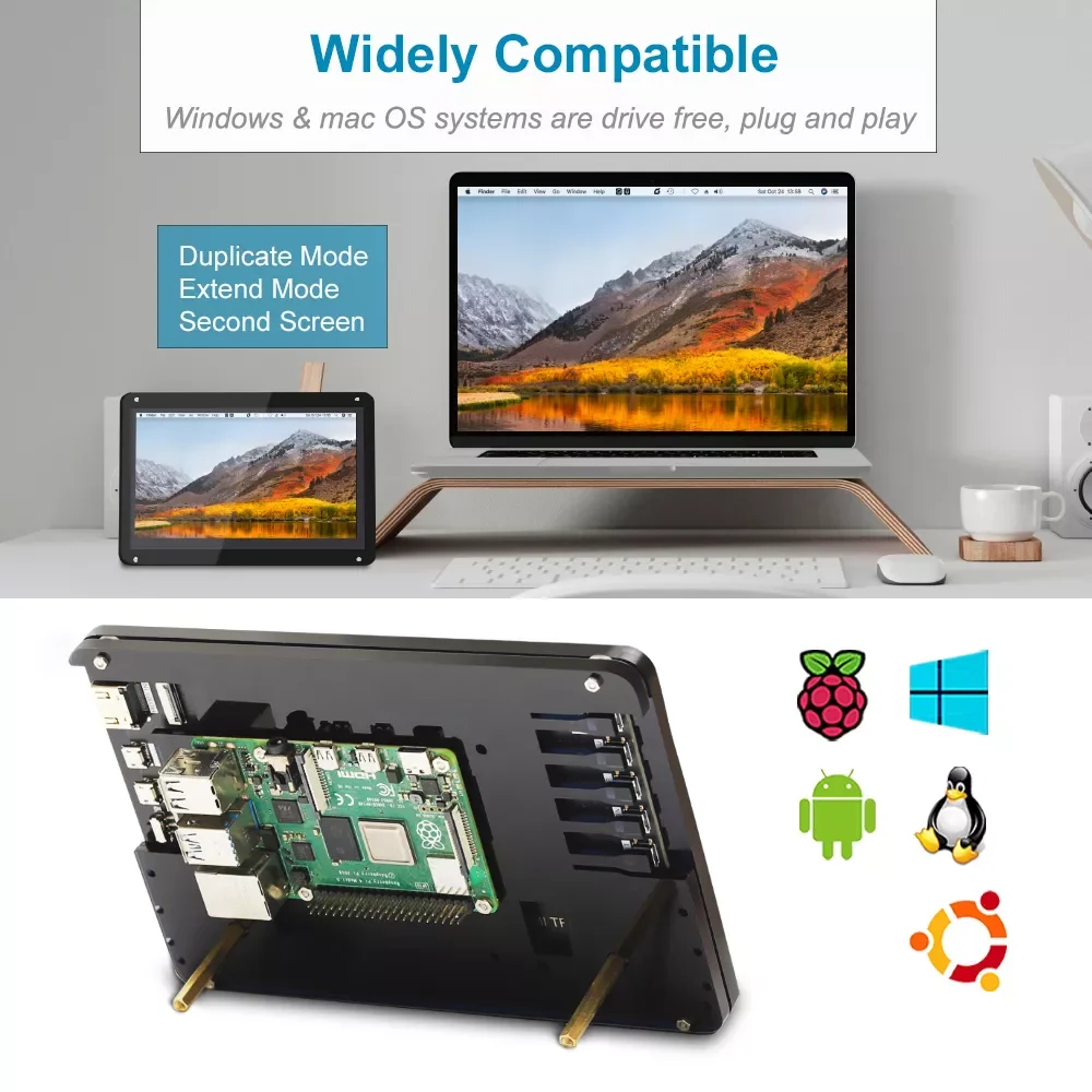 

7-дюймовый сенсорный экран Raspberry Pi 1024x600 с двумя динамиками, Мониторинг процессора, 7-дюймовый дисплей HDMI с чехлом