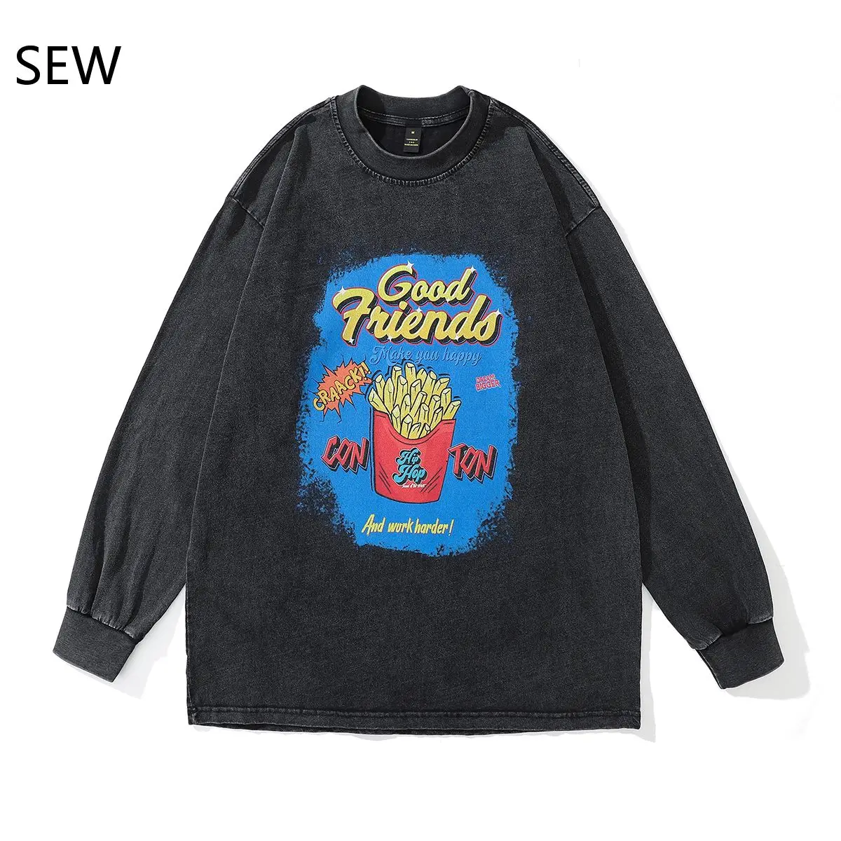 

Autumn And Winter American Style Washed Old Anime Print Long-Sleeved t-Shirt Street Loose Cotton Men's Sweater