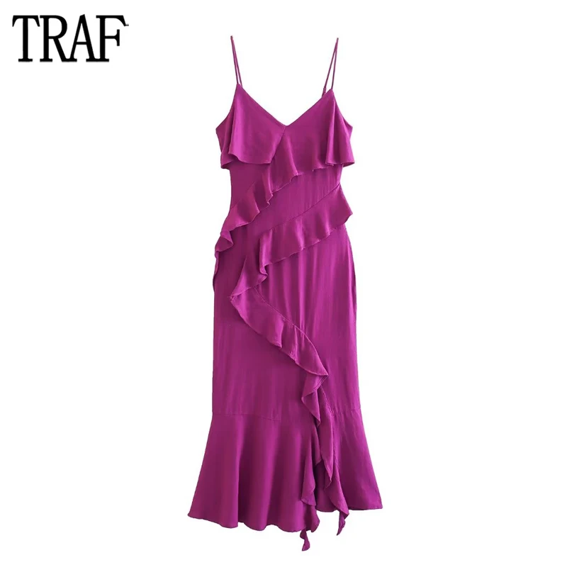 

TRAF Ruffle Slip Dress Women Purple Prom Midi Dress Woman Summer Evening Long Dresses for Women 2023 Sexy Backless Female Dress