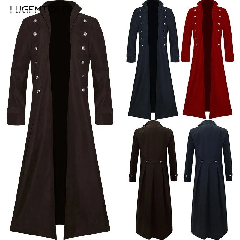 

Men Gothic Trench Medieval Steampunk Retro Coat Double-breasted Trim Solid Men's Lapel Coats Vintage Long Trench