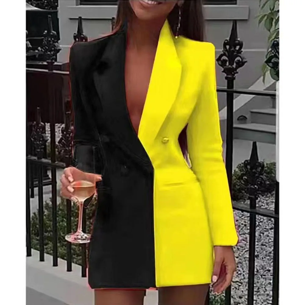 Elegant Suit Orange Blazer Dress Women Patchwork Vintage Suit Jacket Women Bleizer Casual De Mujer Splicing V Neck Female Dress