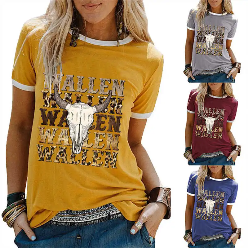 

New summer cotton Wallen monogram print vintage crewneck short-sleeved T-shirt