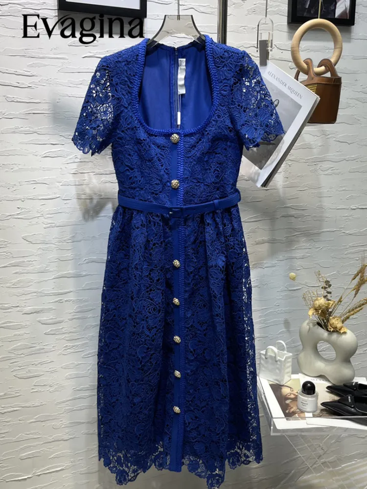 

Evagina Spring/Summer Polyester Temperament Commuter Square Collar Short Sleeve High-Waist Slim Deep Blue Lace Dress