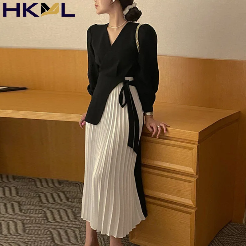 

Korean Elegant Temperament V-neck Cross Belt Patchwork Fake Two-piece Pleated Fashion Dress Long Vintage Long Vestido