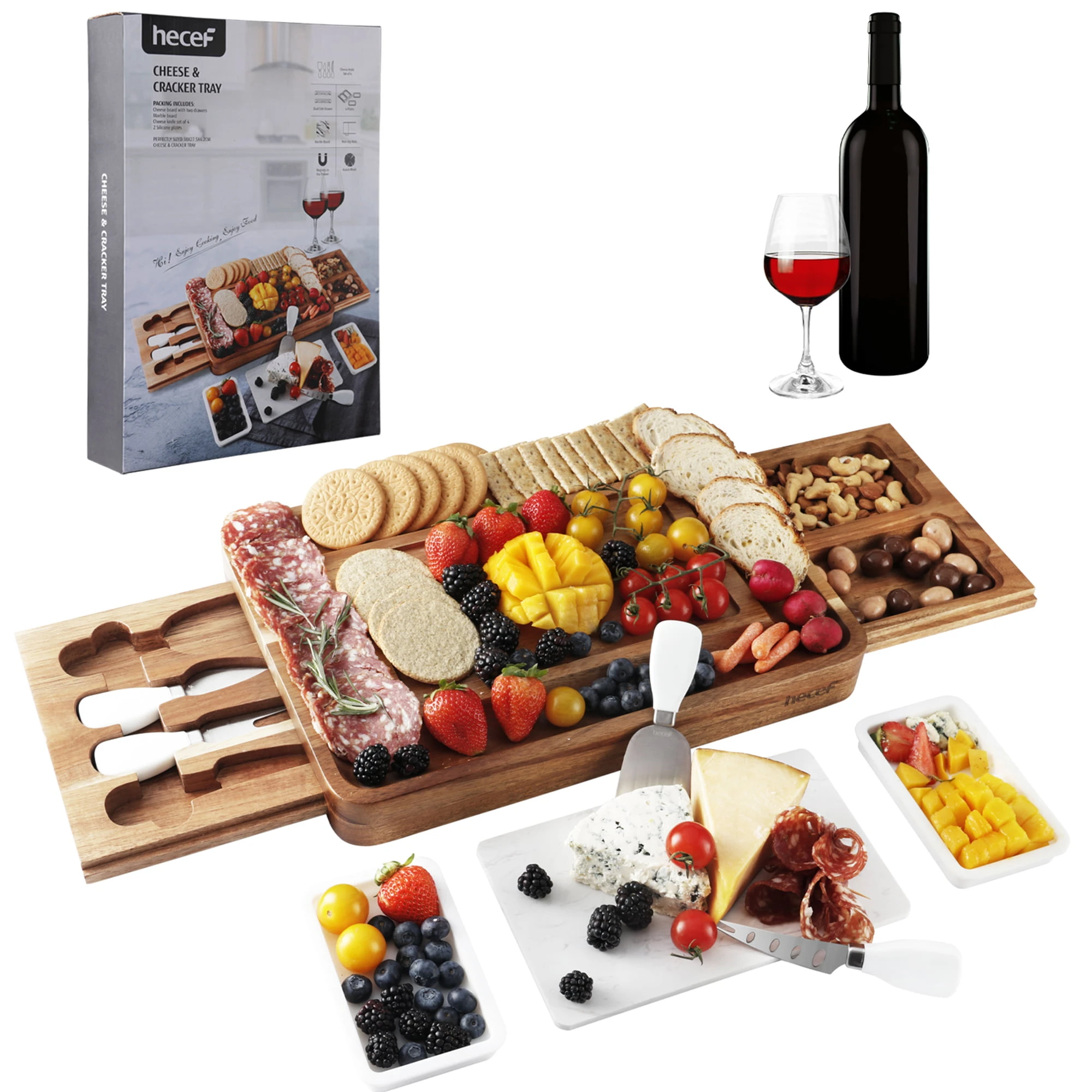 

Upgraded Large Cheese Board Set, Acacia Wood Charcuterie Serving Platter with Slide-Out Drawers, Gift for Birthday Housewarming