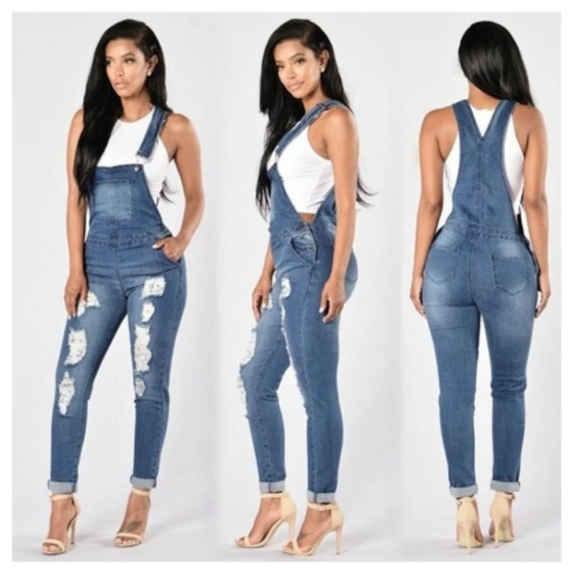 Light Blue Denim Pants Slim 2023 New Women's Clothing New Worn-out Personality Ankle Length Denim Suspenders Street Trendsetter