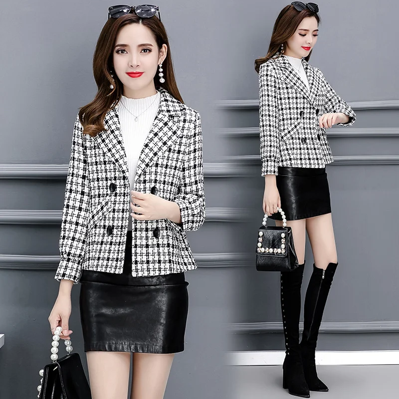 

2023 Houndstooth Tweed Blended Vintage Women's Jacket Short Office Coat Fashion Long Sleeve Winter Clothes Outerwear For Female