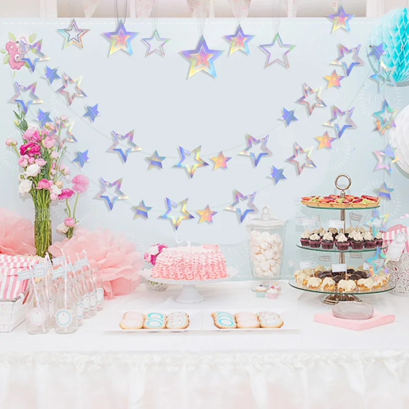 Laser Mirror Paper Star Round Garland Flash Banner Birthday Party Decoration Baby Shower Wedding Wall Hanging Decor DIY Supplies |