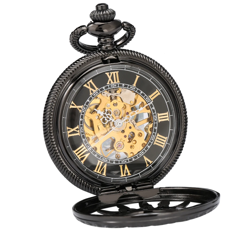 Gold Roman Numerals Dial Manual Mechanical Pocket Watch Hollow Black Sun Pattern Vintage Pendant Man Clock Fob Chain