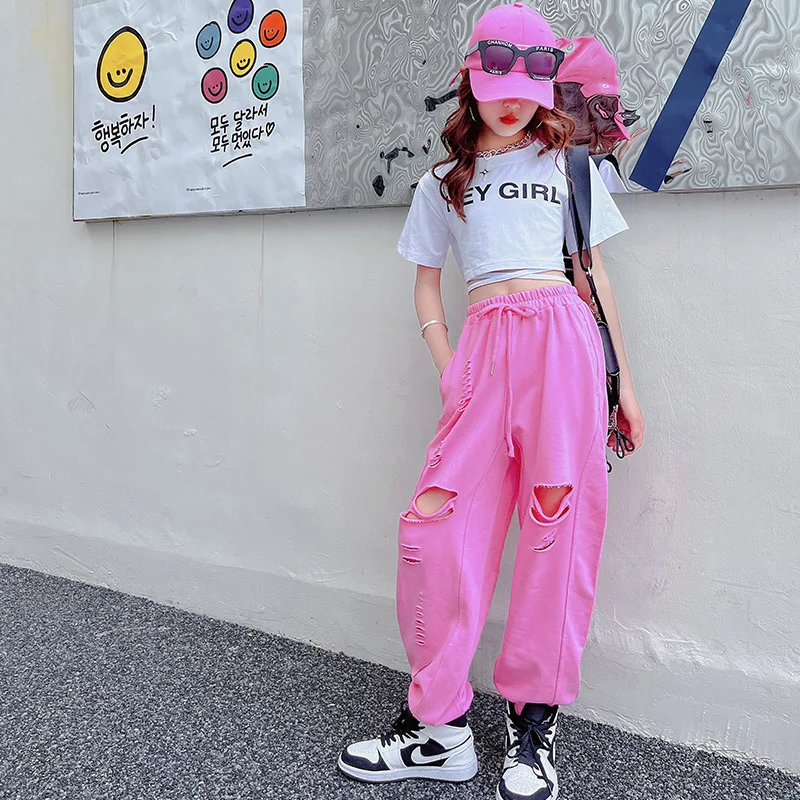 

2023 teens summer Girls clothes Jazz Tracksuit Dancing Kids Hip Hop crop top cotton t shirt + pink Ripped pant 9 12 14 16 years