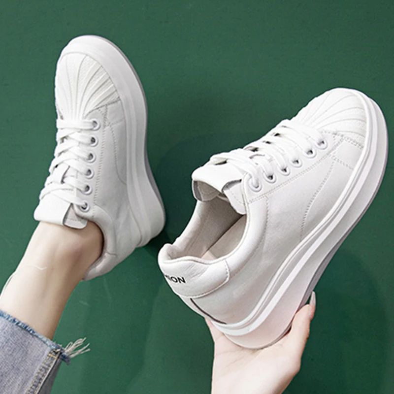 2023 Genuine Leather 8cm New Platform Chunky Sneaker Casual Hidden Heels Spring Summer Autumn Comfy Breathable High Brand Shoes