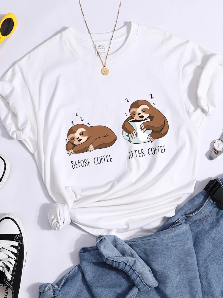 

Kawaii Ленивец, футболки перед кофе после кофе, женские модные повседневные футболки, летние женские футболки, футболки для женщин