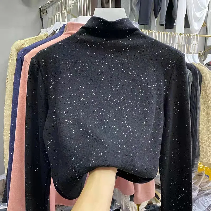 

Black Blue Warm T Shirt for Women Female Clothing Autumn Winter New Shirt Women's Half High Neck Casual Long Sleeve Top Outwear