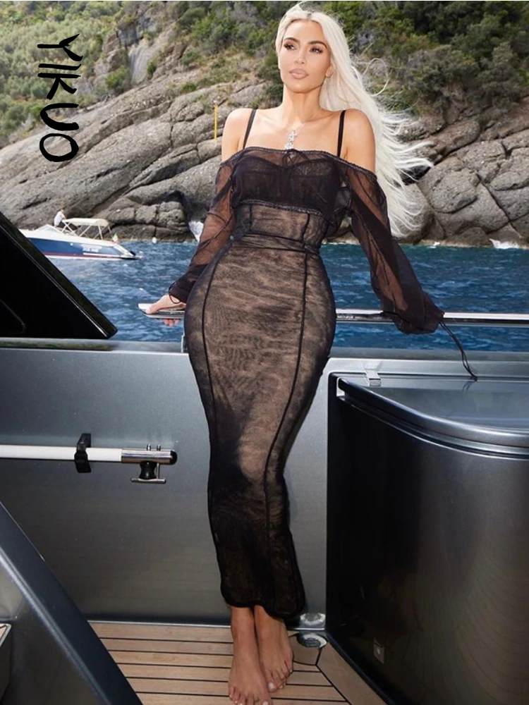 

YIKUO See Through Sexy Maxi Dress Mesh Full Sleeves Off The Shoulder Long Dresses 2022 Summer Beach Party Club Clothes Black