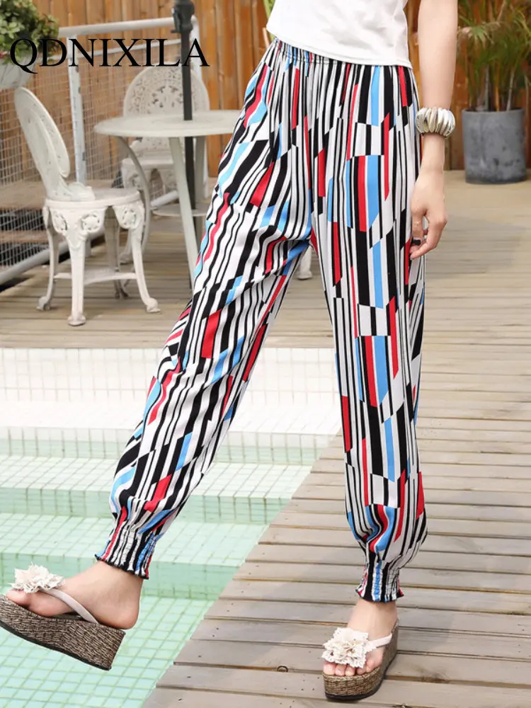

New In Summer Ice Silk Thin Banded Sweatpants Wide Leg Beach Pants Women's Lantern Pants Korean Fashion Women Clothing