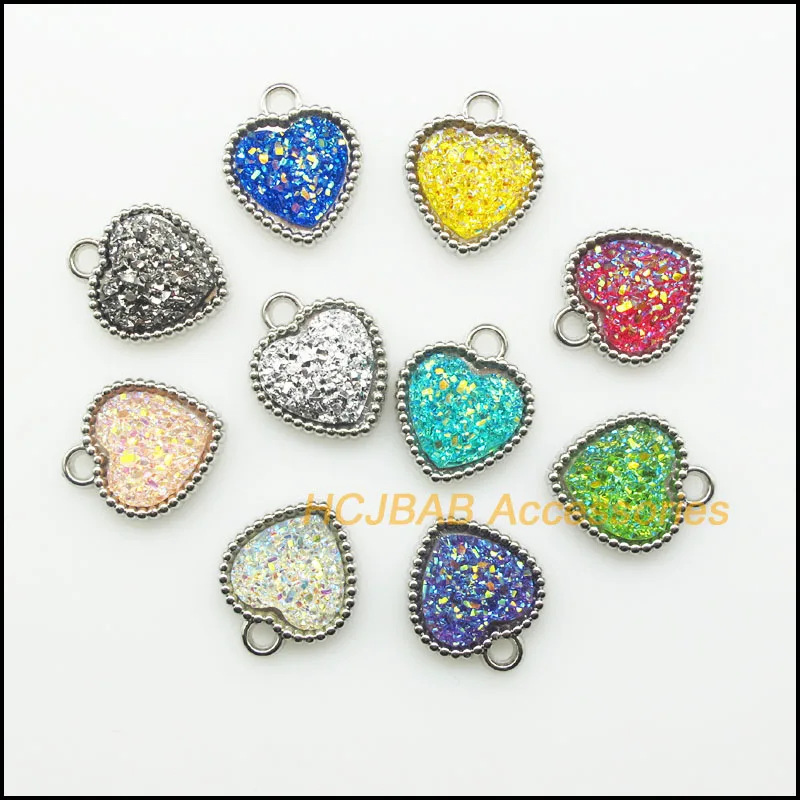 

20Pcs Dull Silver Color Retro Ore Mixed Resin Heart Charms Pendants 15x19mm