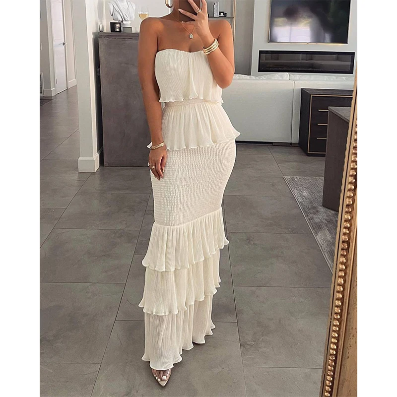 

2022 New Fashion Sexy Bandeau Shirred Ruffle Hem Layered Dress Sleeveless Layeredtiered Bodycon Party Dress