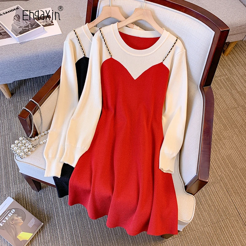 Купи EHQAXIN New Womens Knitted Dresses 2022 Autumn Winter Casual Fashion Color Contrast Sweet Sling Splice Sweater Dress L-4XL за 2,029 рублей в магазине AliExpress