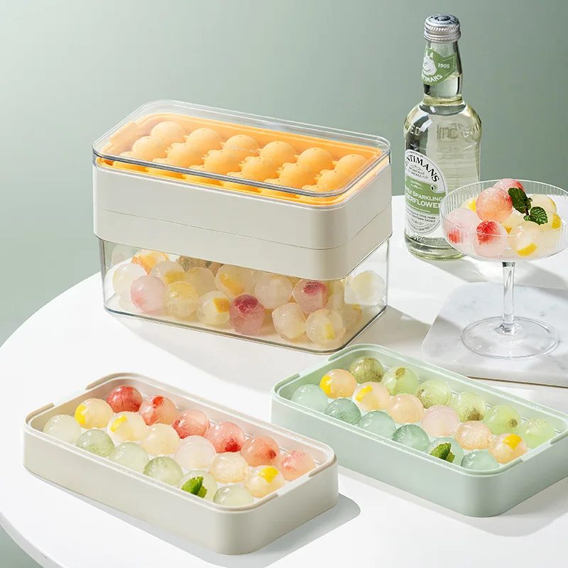 

Hot Selling Food Grade Silicone Round Ice Cube Ball Tray with Lid and Bin Ice Cube Tray with Ice Container 2022