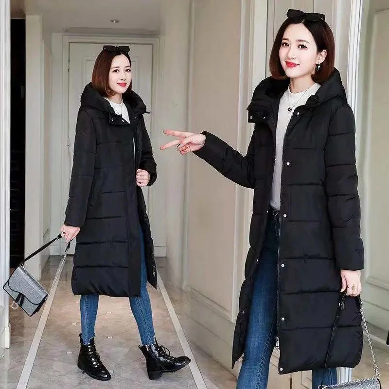 Parkas Women 2022 Winter New Korean Slim All-match Casual  Padded Jacket Female Hooded Thick Warm Long Over Knee Cotton Coat