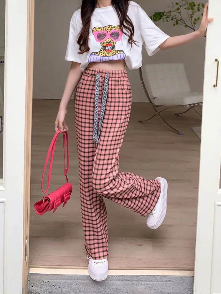 

Streetwear Women Black and Pink Plaid Pants Harajuku Loose Pockets Wide Leg Pants Retro Lace Up Student Straight Trousers