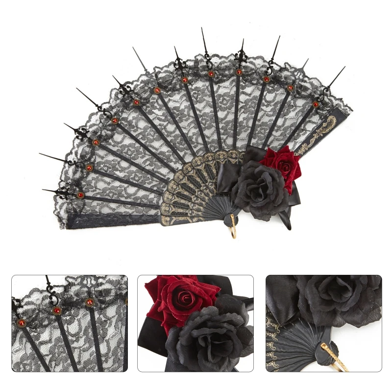 

Vintage Flowers Rhinestone Design Fan Gothic Lolita Hand Fan Folding Hand Held Fan Lace Fan Stage Performance Props