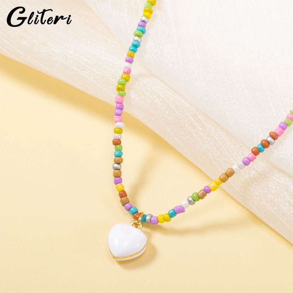 

GEITERI 2023 Korean Style Heart Colorful Beads Necklaces For Women Girls Candy Colours Love Pendant Choker Trendy Jewelry Gifts