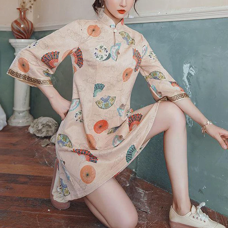 Женское винтажное платье-трапеция в китайском стиле