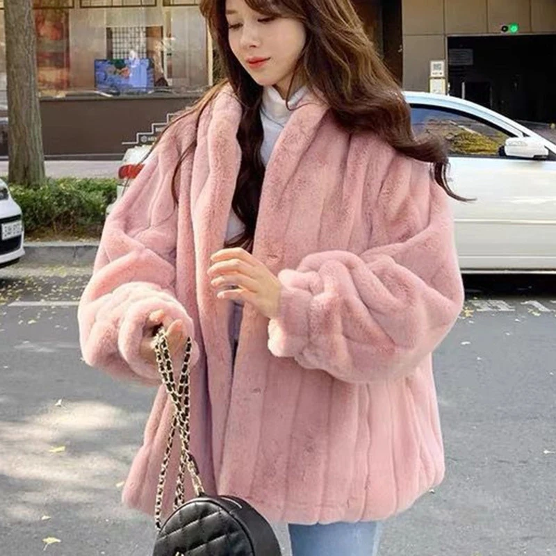 Korean Fashion Winter Warm Plush Jackets Women Faux Fur Single-breasted Outwear Female Loose Fleece Coat