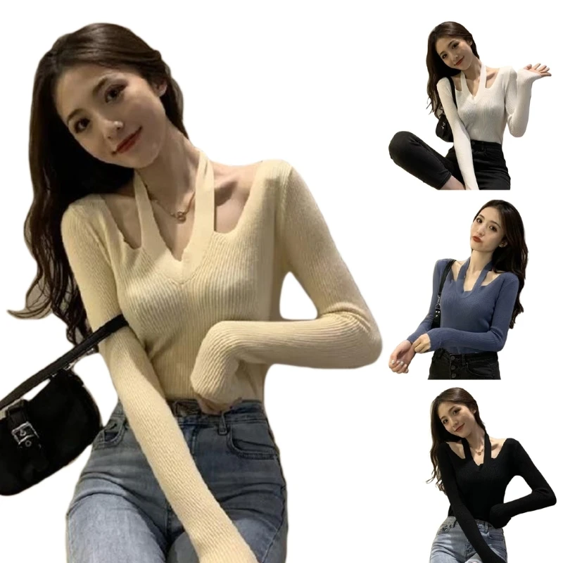 

Women Slim V-Neck Hollow Short Slouchy Pullover Solid Color Work Shirt Sweater Long Sleeve Crochet Knitwear Jumper Tops