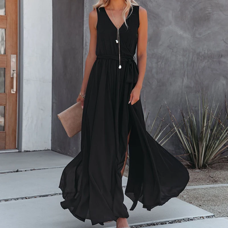 

Ladies Fashion Solid Dress Elegant Women V-Neck Split Irregular Lace-Up Long Dresses Summer Sexy Sleeveless Party Dresses