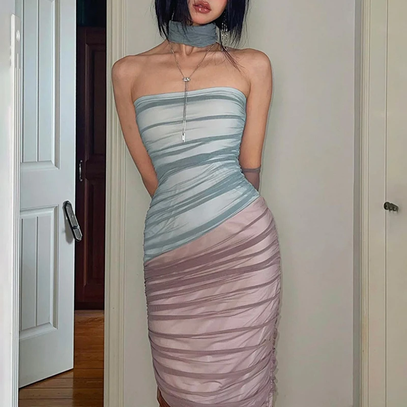 

Goth Dark Ruched Off Shoulder Y2k Party Dresses Gothic Mesh Splice Sexy Women Tube Dress Formal Evening Color Match Slim Outfits