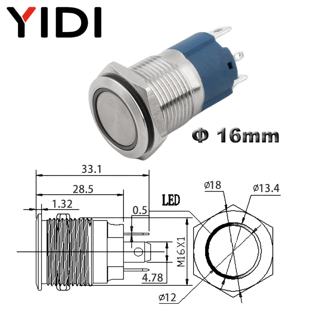 

Металлический светодиодный выключатель YIDI 16 мм 10А 12В 220В