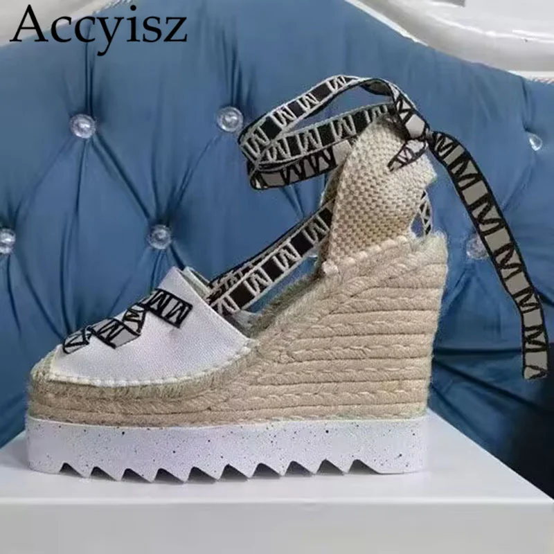 

New Hemp Rope Weave Wedges High Heel Sandals Women Denim Ankle Strap Sandalias Summer Fashion Open Toe Platform Ladies Shoes