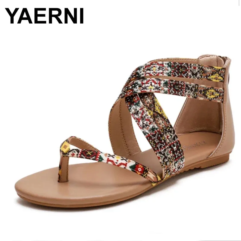 

Women Shoes Summer Bohemia Sandals Casual Fashion Bright Drill Printing Roman Flats Outdoor Holiday Beach